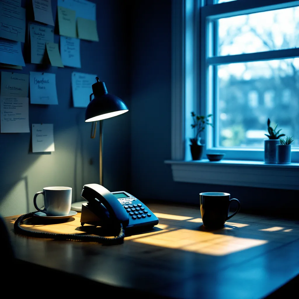 A recruiter's wooden desk with a landline phone, coffee, and a wall of handwritten search notes